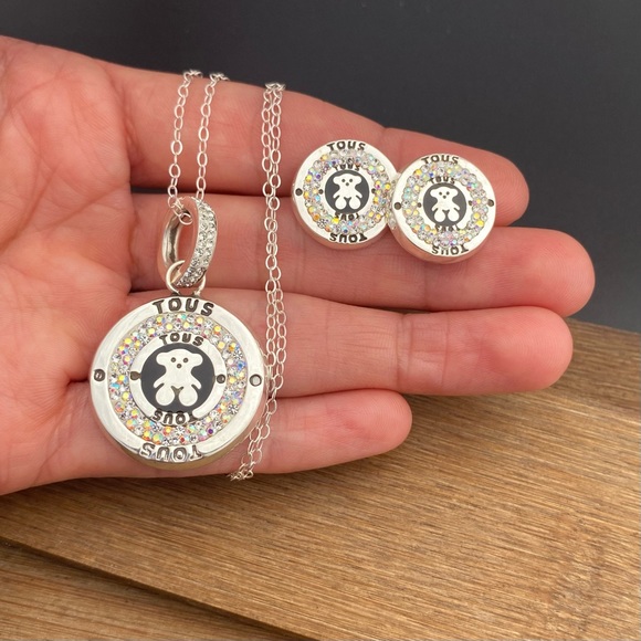 Necklace Earrings Set Bear Imitation 925 Sterling Silver Crystal Oso Plata 925 - Picture 6 of 7